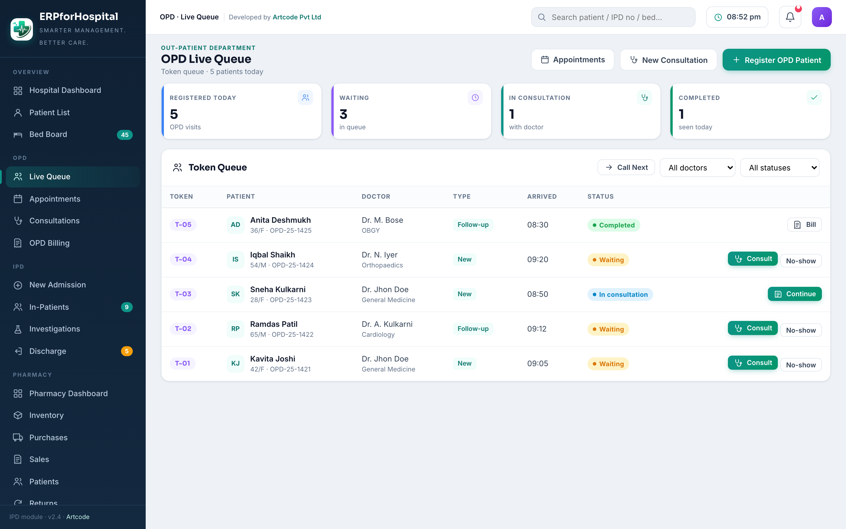 Live Queue screen in erpforHospital — OPD tokens in order of arrival