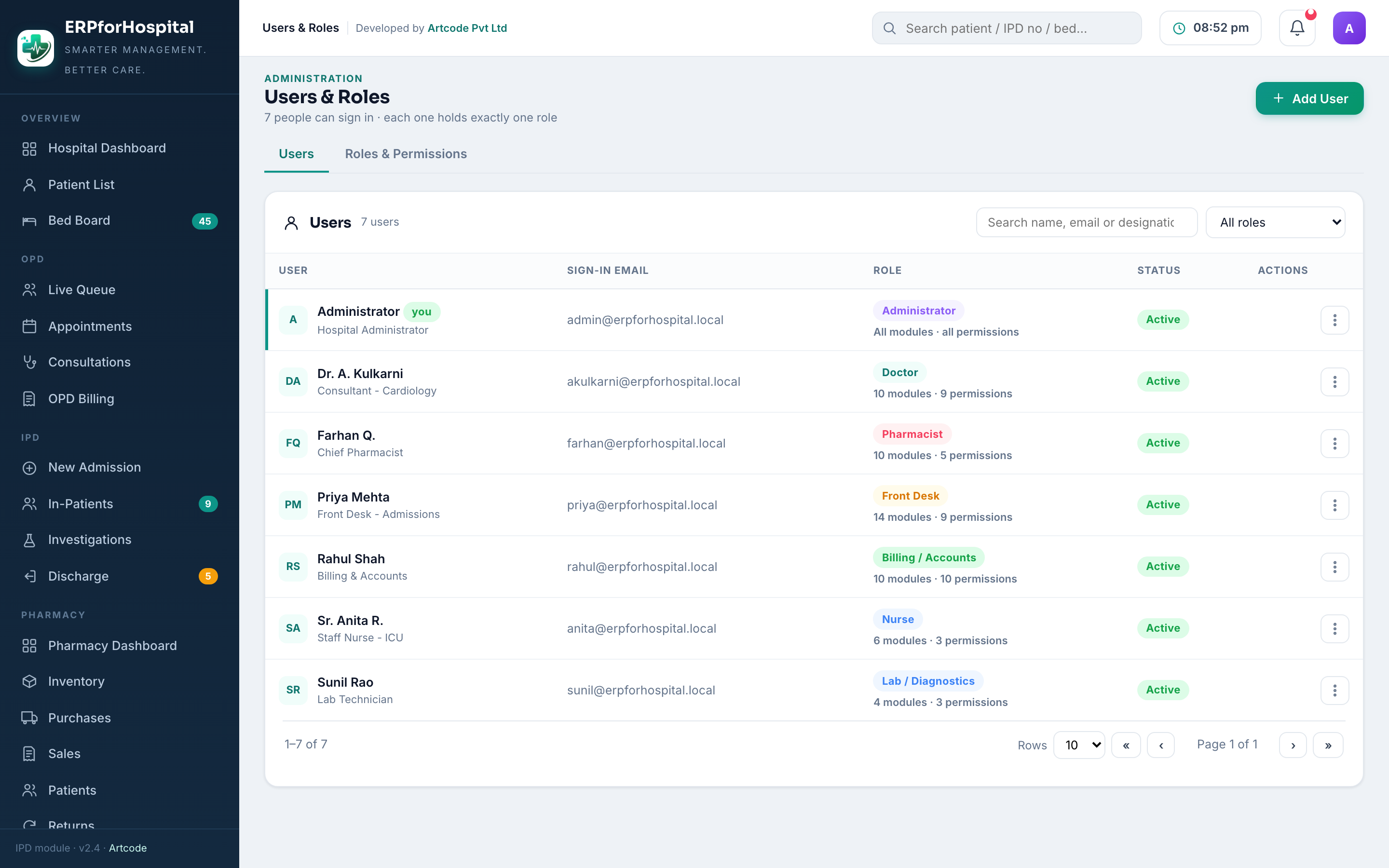 Users & Roles screen in erpforHospital — The 23-permission matrix